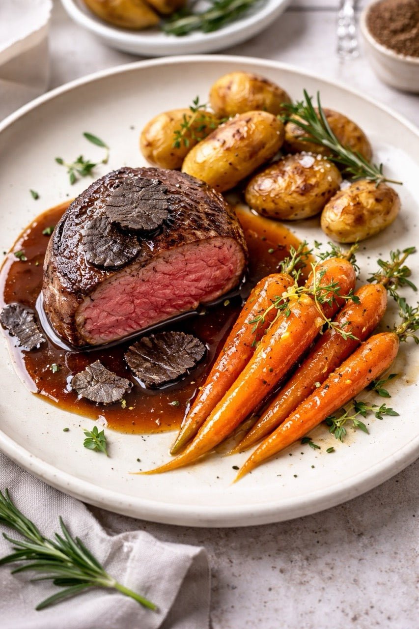 Wagyu Filet in einer Trüffel-Jus, dazu Rosmarin Kartoffeln und glasierte Baby-Möhren - Hof Krumkühler